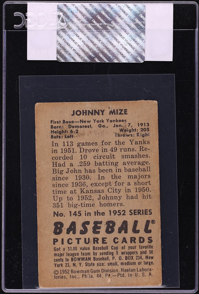 1952 Bowman Johnny Mize #145 CGC AUTH