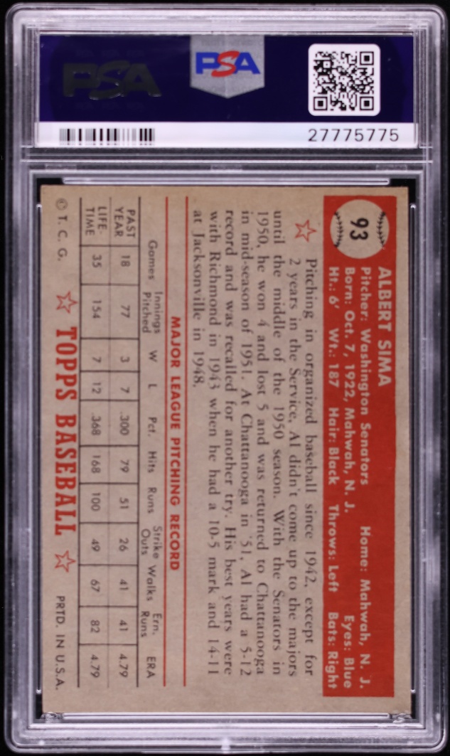 1952 Topps Al Sima #93 PSA 8 NM-MT