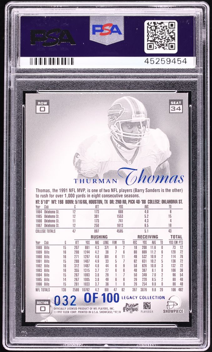 1997 Flair Showcase Legacy Collection Row 0 Thurman Thomas /100 #34 PSA 9 MINT - Photo 2