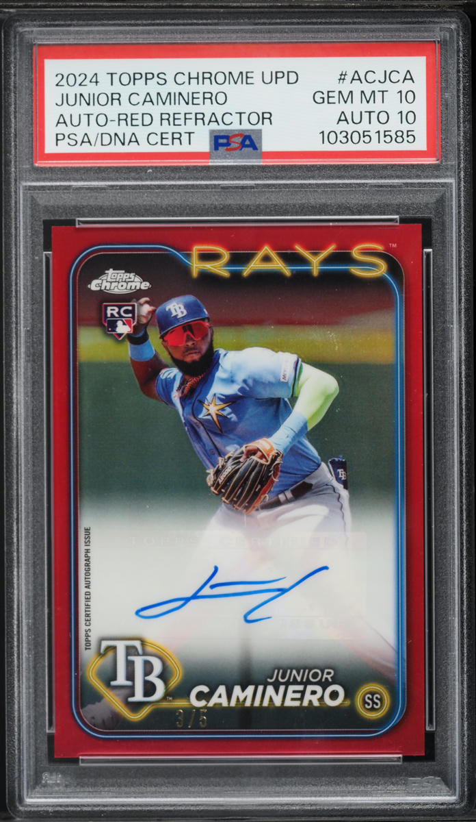 2024 Topps Chrome Update Red Refractor Junior Caminero ROOKIE AUTO DNA 10 /5 PSA 10 GEM MINT