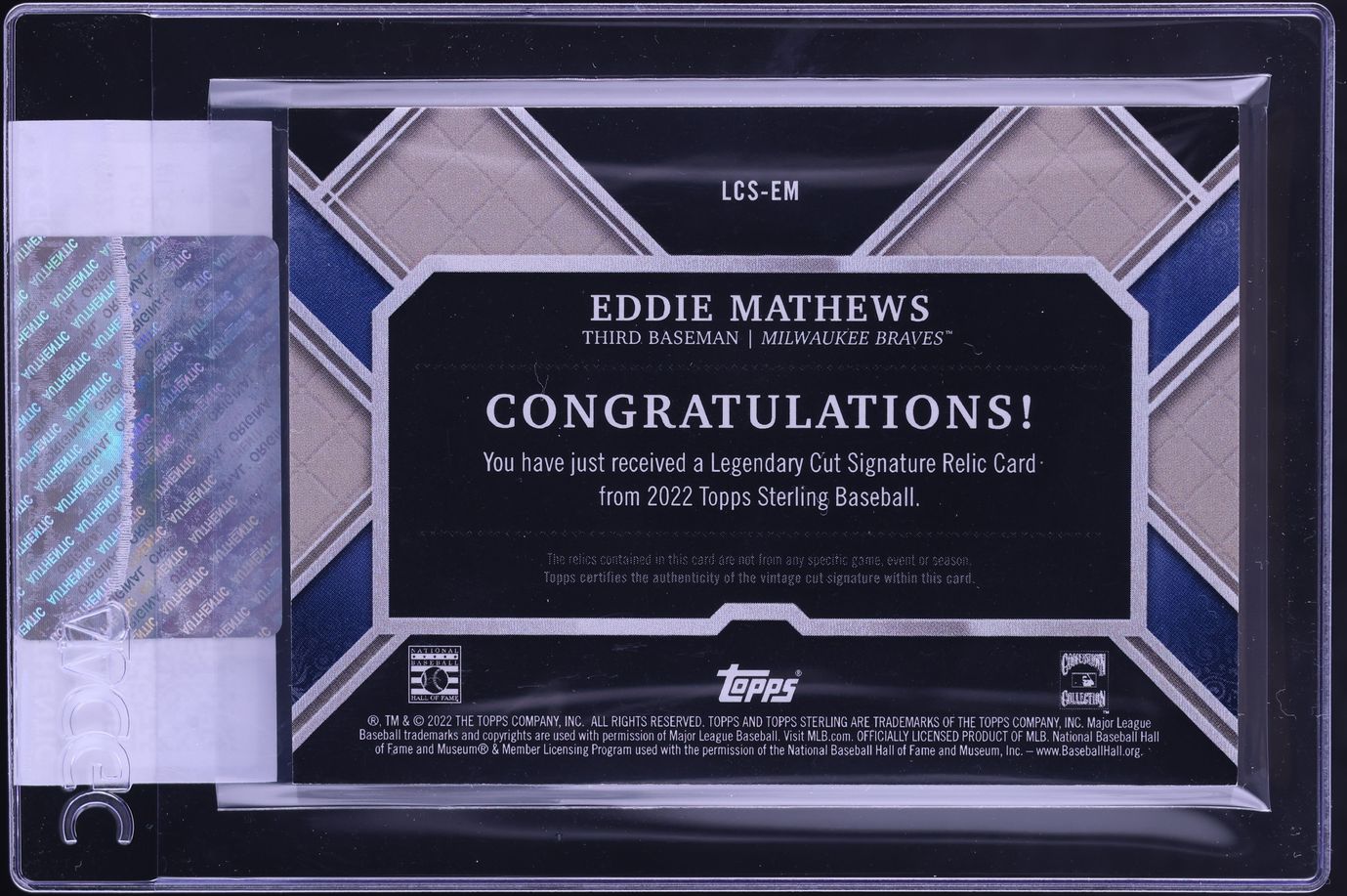 2022 Topps Sterling Legendary Cut Eddie Mathews RELIC AUTO 1/1 #LCS-EM CGC AUTH