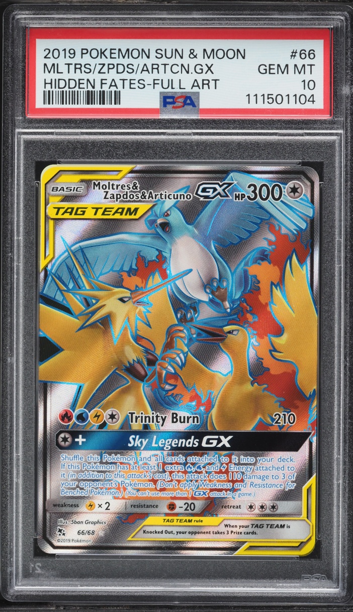 2019 Pokemon Sun & Moon Hidden Fates Full Art Moltres Zapdos Articuno GX #66 PSA 10 GEM MINT