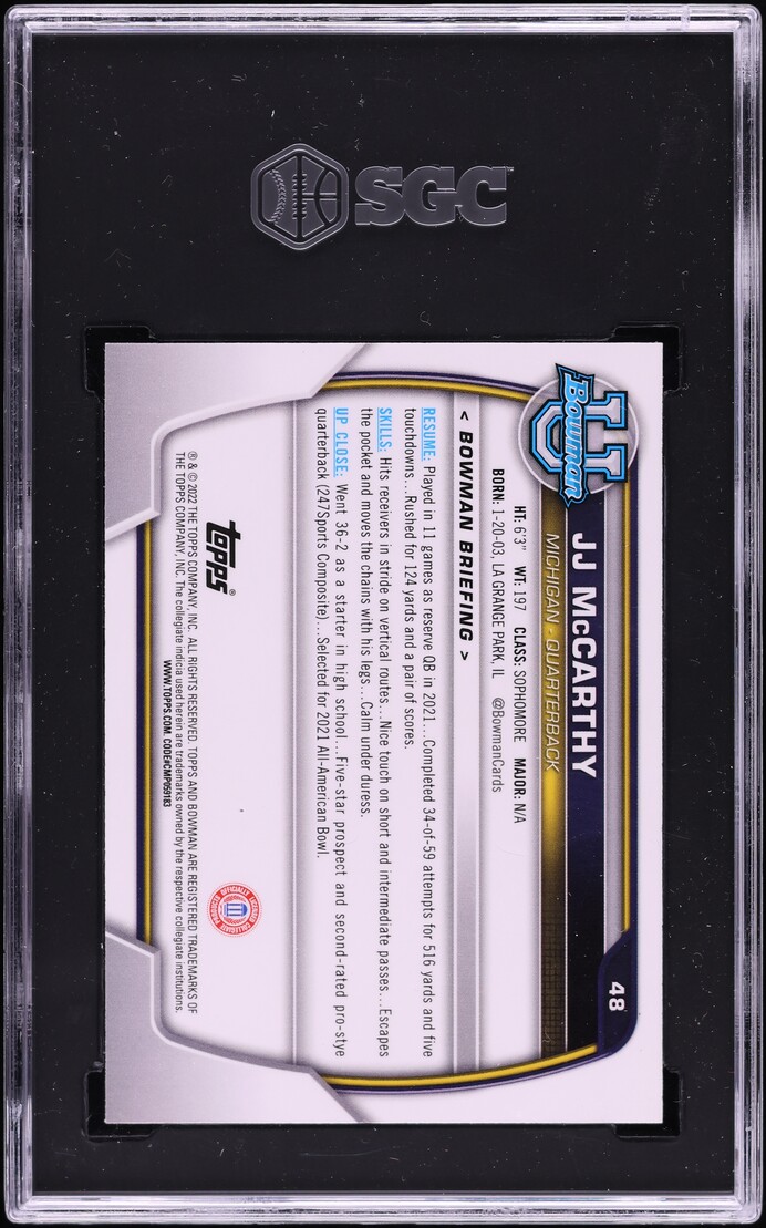 2022 Bowman Chrome University J.J. McCarthy ROOKIE #48 SGC 9 MINT