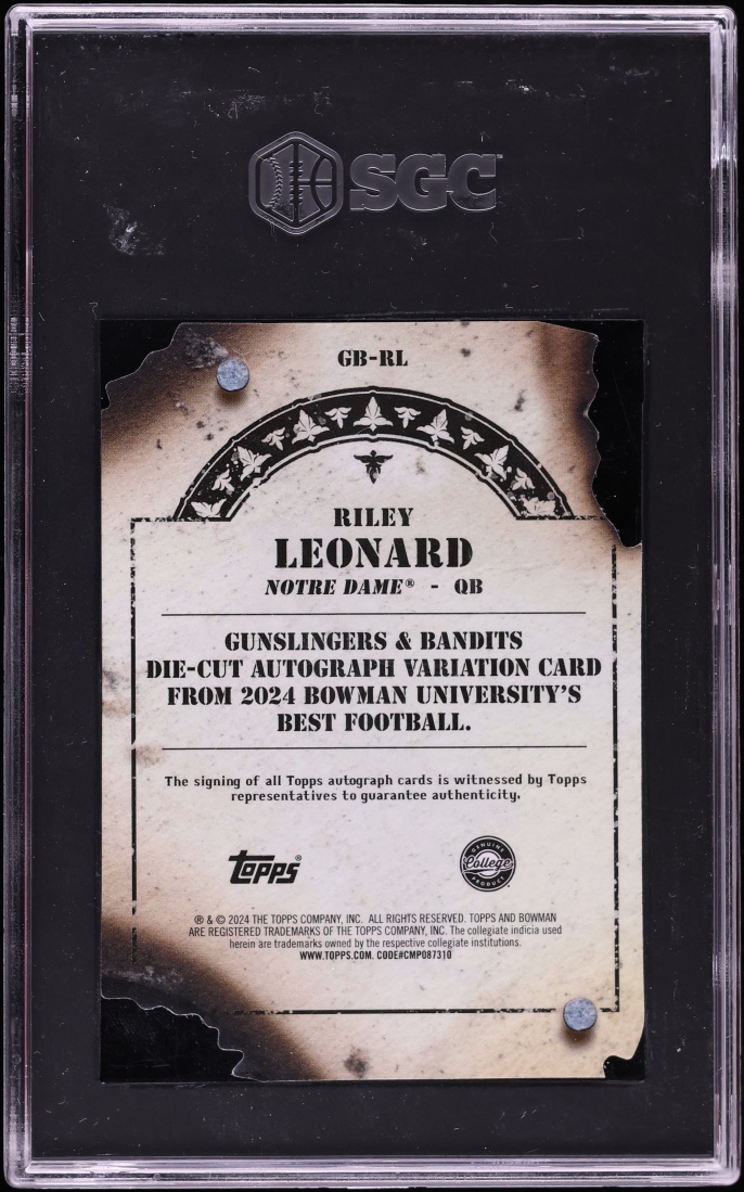 2024 Bowman University Best Gunslingers & Bandits Orange Riley Leonard ROOKIE AUTO /25 SGC 10