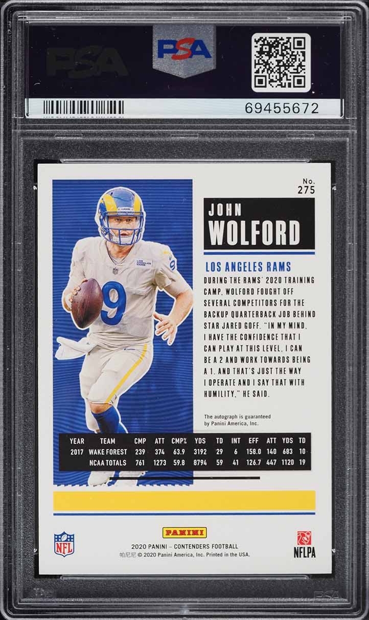 2020 Panini Contenders John Wolford ROOKIE AUTO #275 PSA 10 GEM MINT