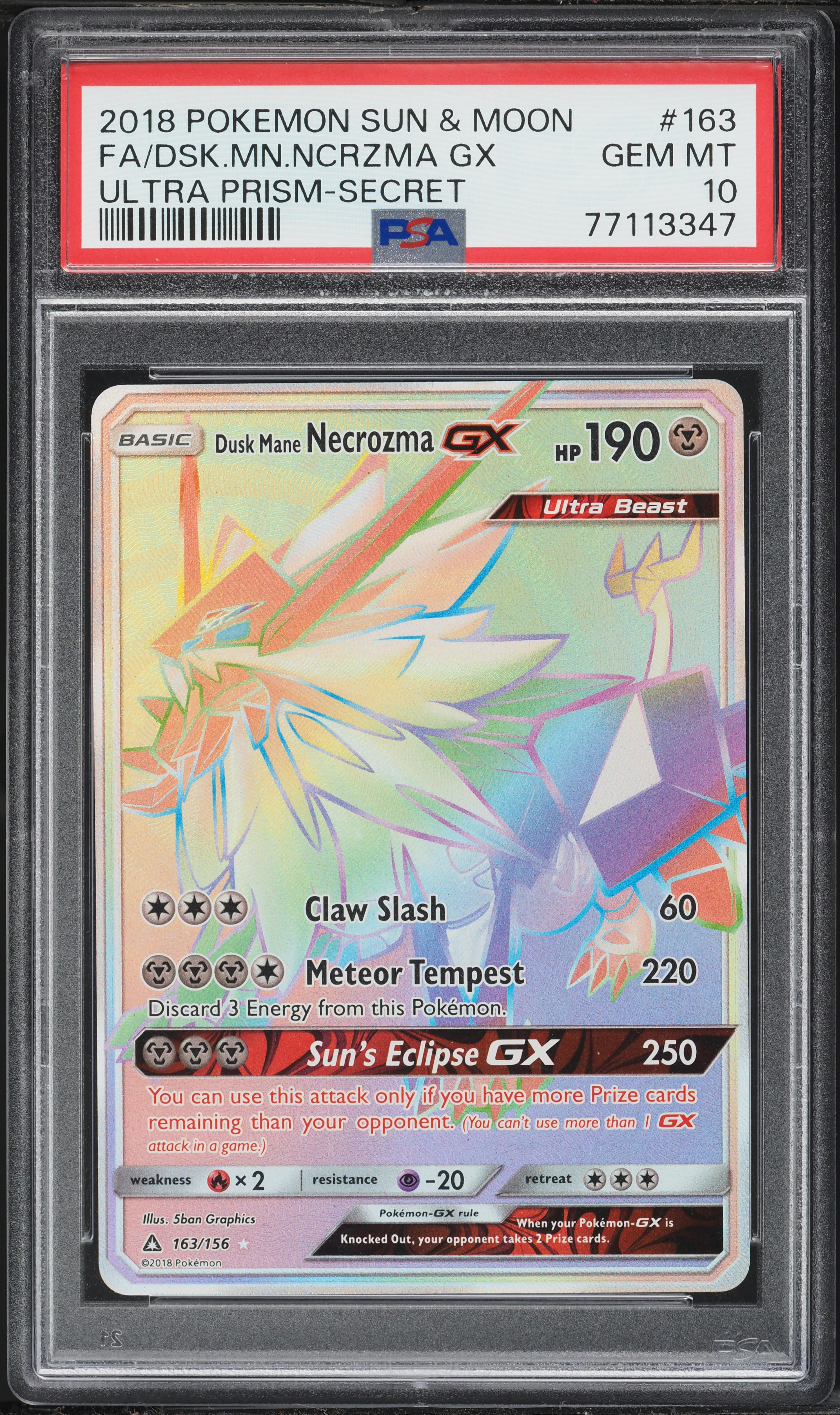2018 Pokemon Sun & Moon Ultra Prism Dusk Mane Rainbow Rare Necrozma GX #163 PSA 10 GEM MINT
