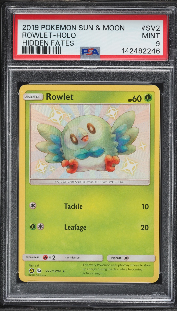 2019 Pokemon Sun & Moon Hidden Fates Shiny Rowlet #SV2 PSA 9 MINT