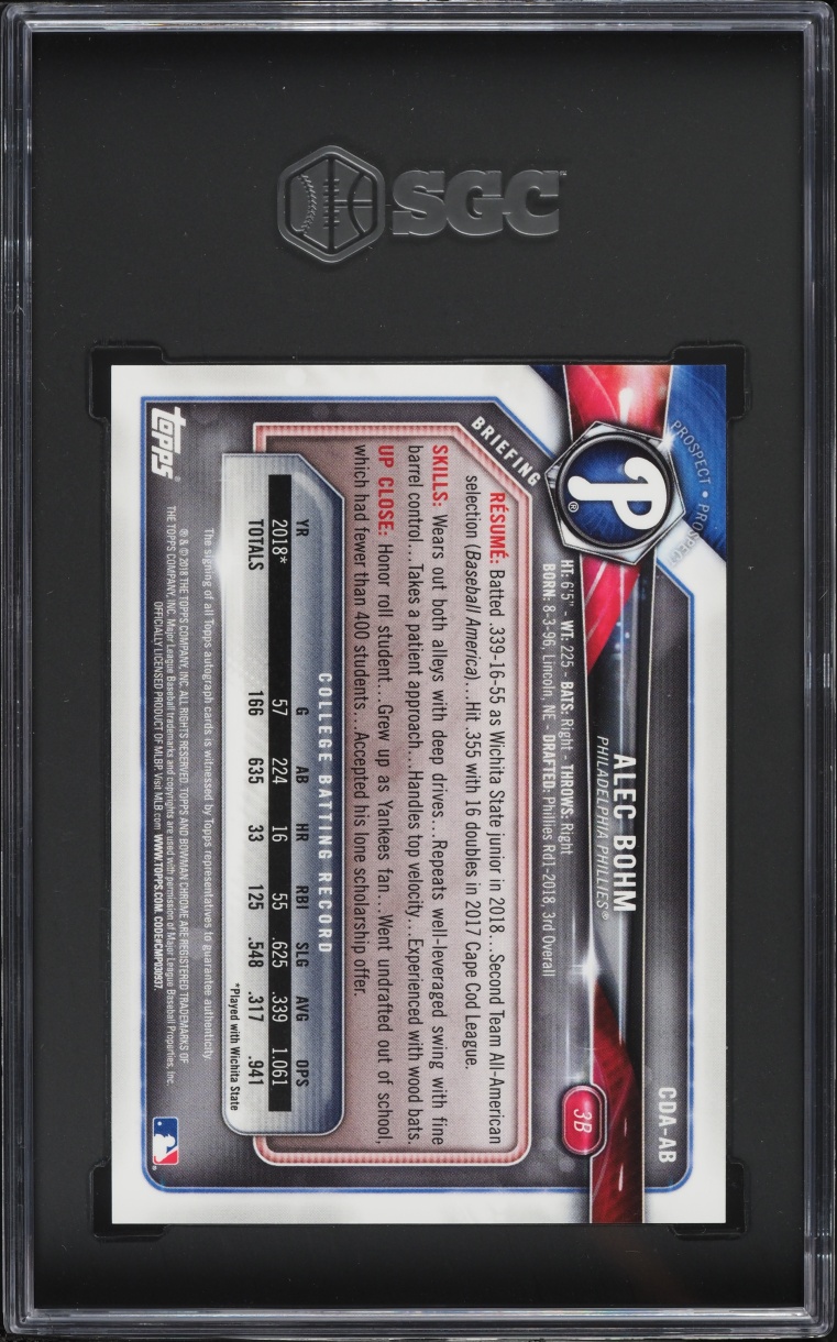 2018 Bowman Chrome Draft Alec Bohm PROSPECT AUTO #CDA-AB SGC 10 GEM MINT