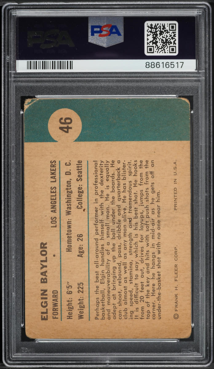 1961 Fleer Basketball Elgin Baylor ROOKIE, IN ACTION #46 PSA 2 GD
