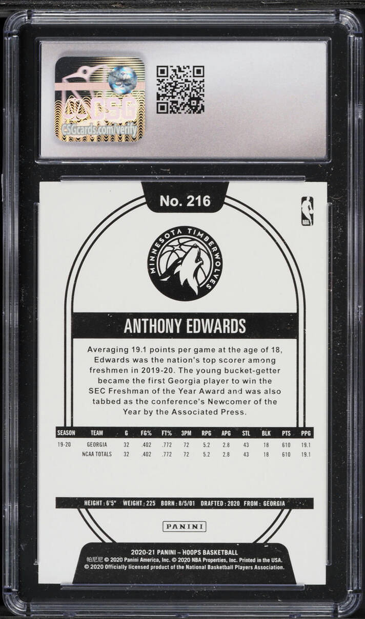 2020 Hoops Anthony Edwards ROOKIE #216 CSG 10 GEM MINT