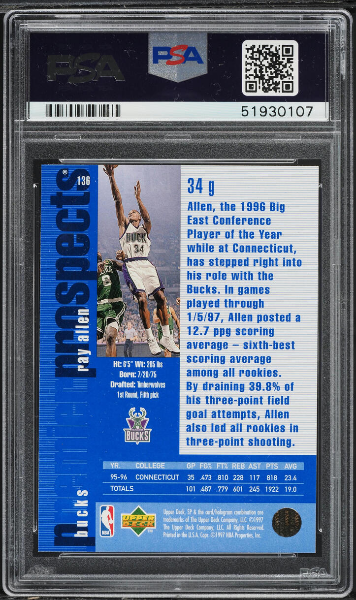 1996 SP Basketball Ray Allen ROOKIE #136 PSA 10 GEM MINT
