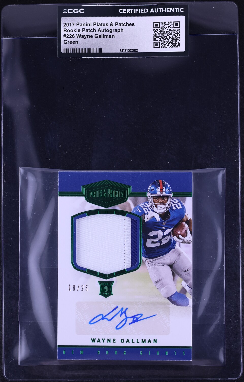 2017 Panini Plates & Patches Green Wayne Gallman ROOKIE PATCH AUTO /25 #226 CGC AUTH