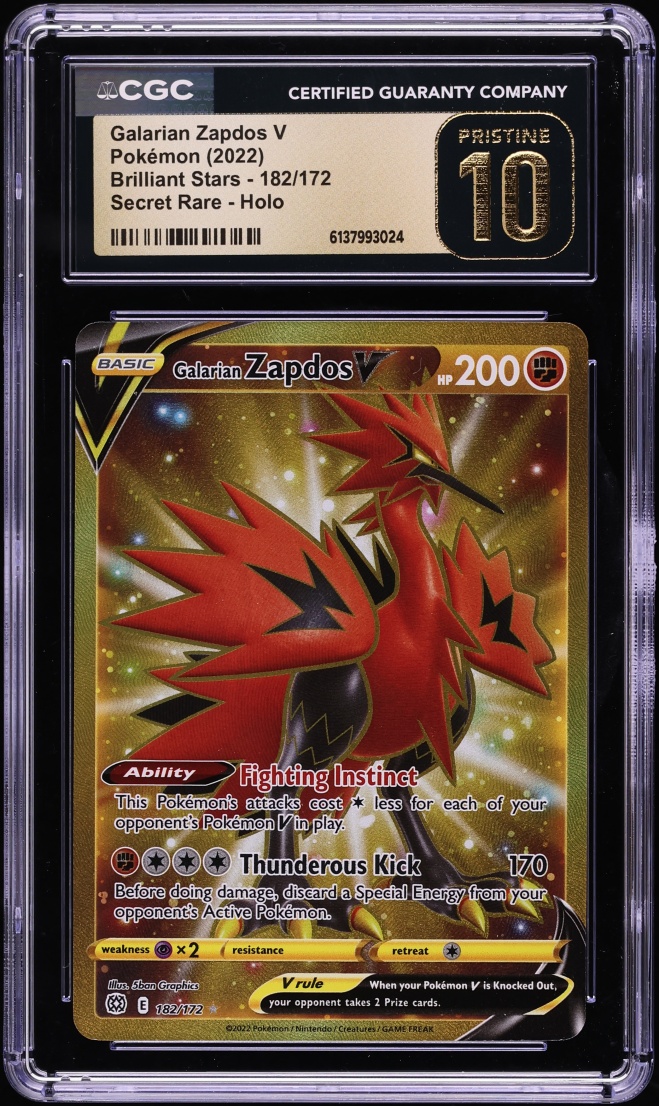 2022 Pokemon Sword & Shield Brilliant Stars Gold Rare Galarian Zapdos V #182 CGC 10 PRISTINE