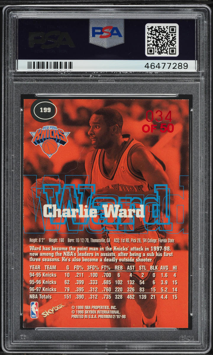 1997 Skybox Premium Star Rubies Charlie Ward /50 #199 PSA 9 MINT