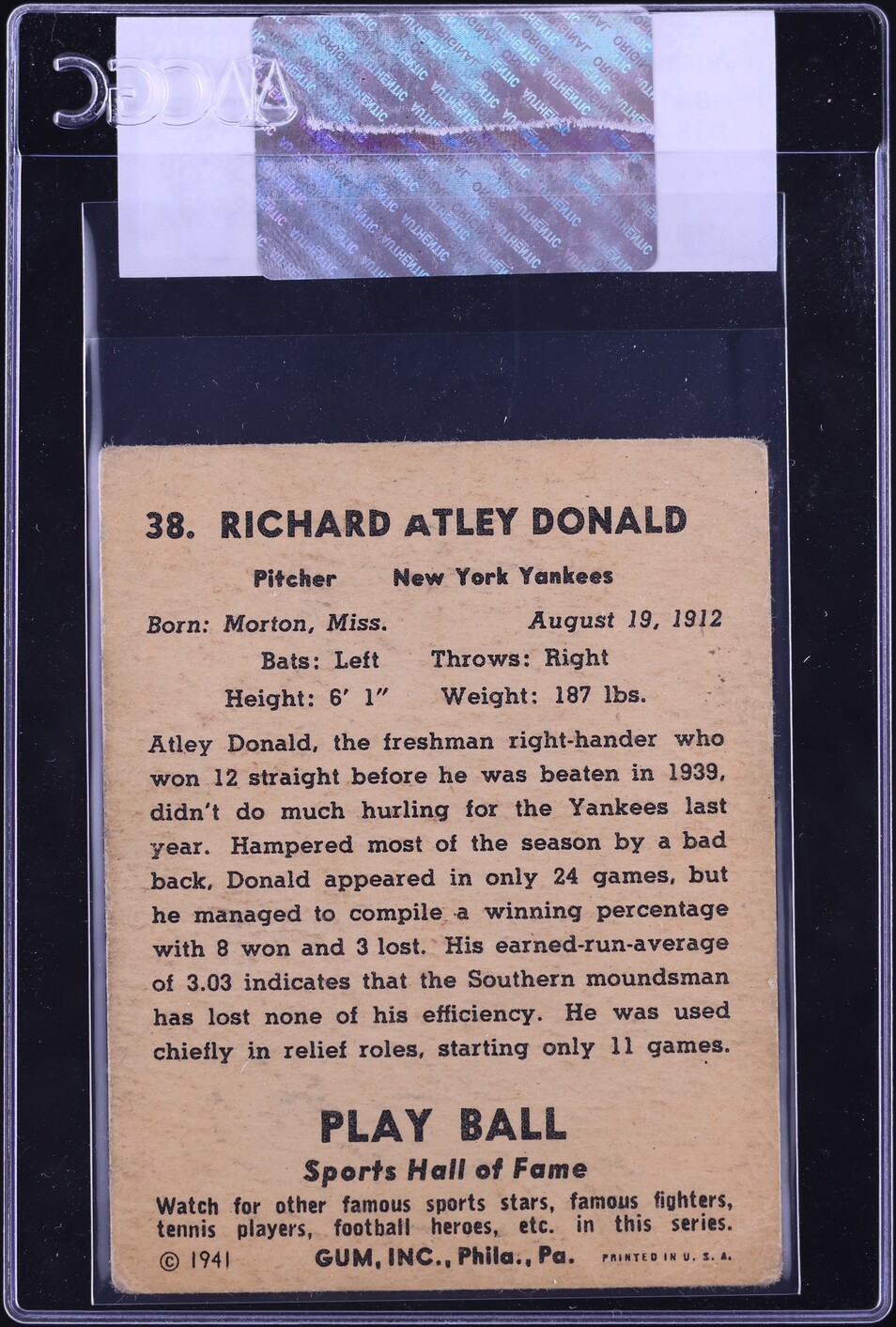 1941 Play Ball Atley Donald #38 CGC AUTH