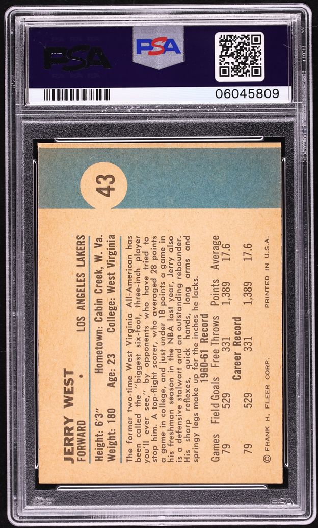 1961 Fleer Basketball Jerry West ROOKIE #43 PSA 8 NM-MT