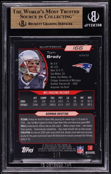 2006 Bowman Chrome Red Refractor Tom Brady /5 #166 BGS 9.5 GEM MINT