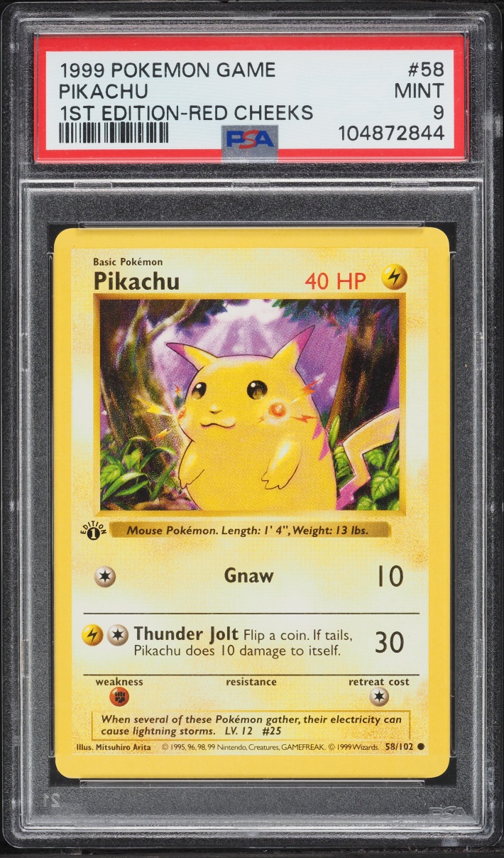 1999 Pokemon Base Set Shadowless 1st Edition Red Cheeks Pikachu #58 PSA 9 MINT