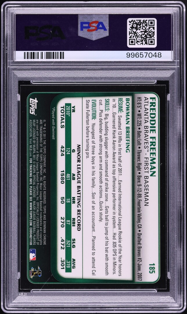 2011 Bowman Chrome Refractor Freddie Freeman ROOKIE #185 PSA 10 GEM MINT