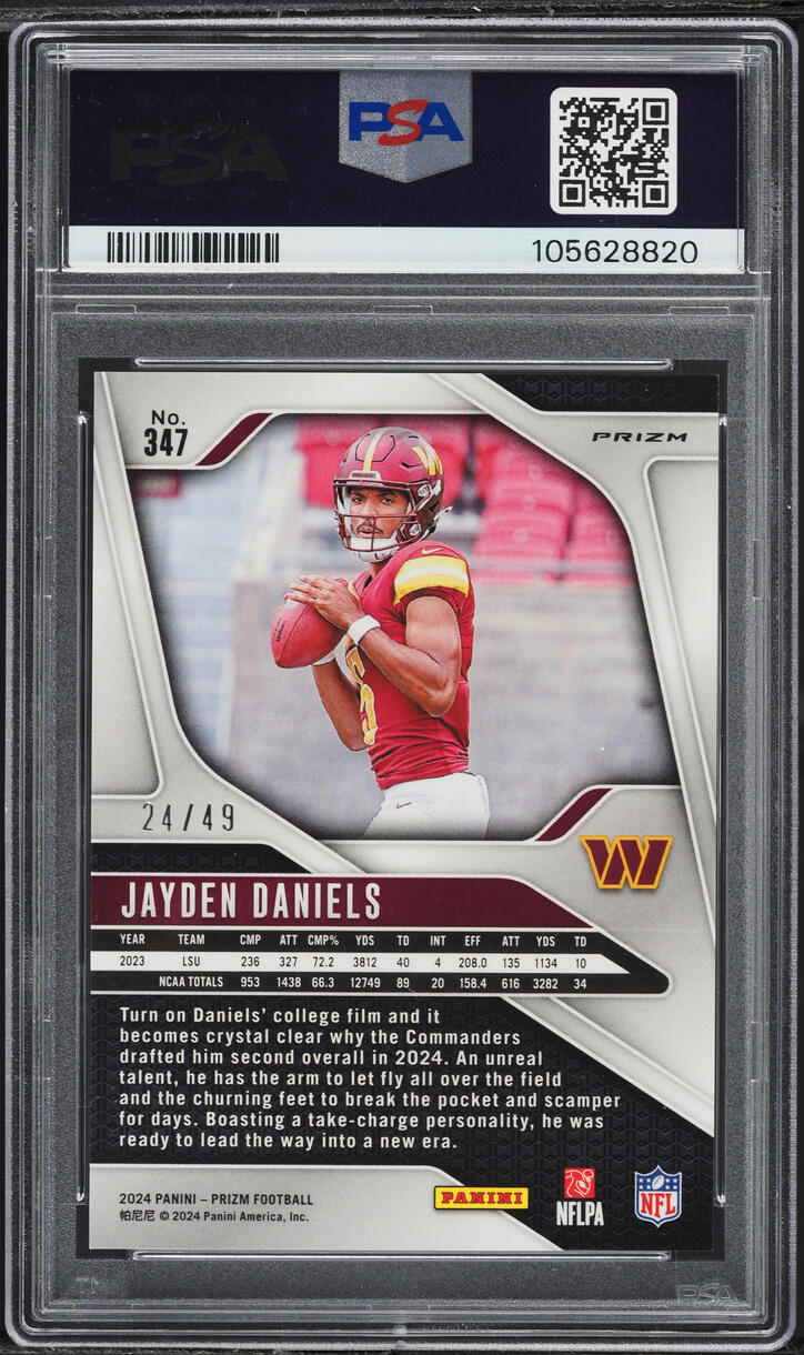2024 Panini Prizm No Huddle Purple Jayden Daniels ROOKIE /49 #347 PSA 10 GEM