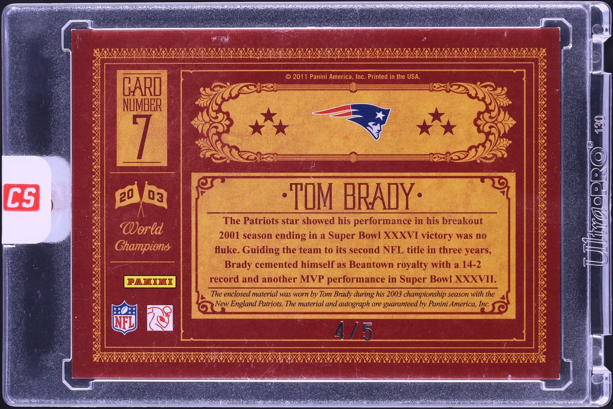 2011 Panini Timeless Treasures Championship Prime Tom Brady PATCH AUTO /5 #7 - Photo 2