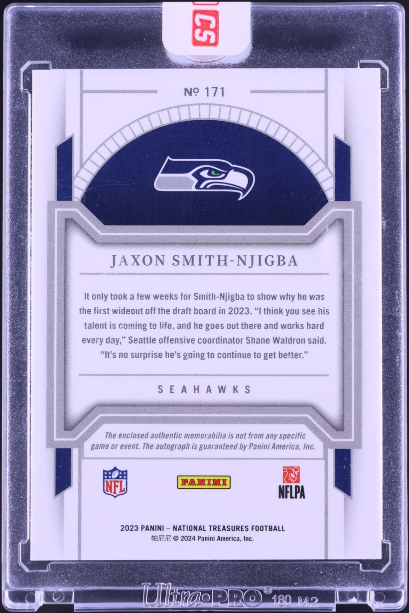 2023 National Treasures Red Brand Logo Jaxon Smith-Njigba ROOKIE NIKE TAG PATCH AUTO 1/2 #171 - Photo 2