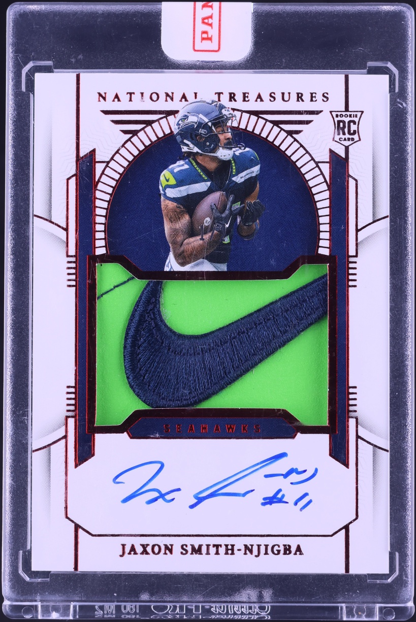 2023 National Treasures Red Brand Logo Jaxon Smith-Njigba ROOKIE NIKE TAG PATCH AUTO 1/2 #171