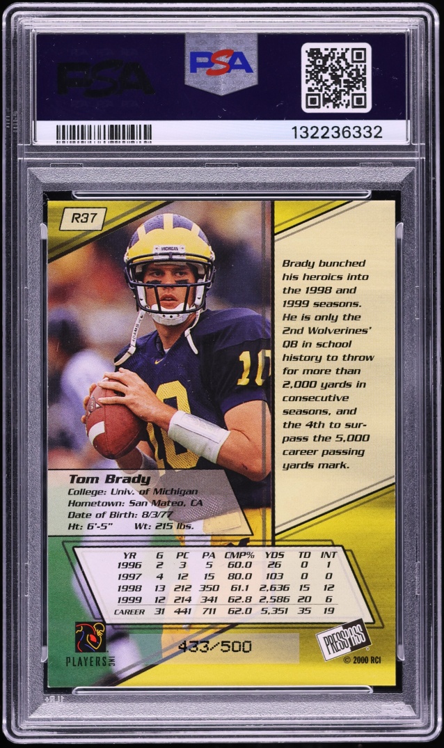 2000 Press Pass Reflector Tom Brady ROOKIE /500 #R37 PSA 8 NM-MT