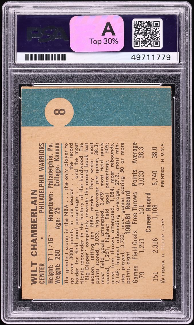 1961 Fleer Basketball Wilt Chamberlain ROOKIE #8 PSA 5 EX