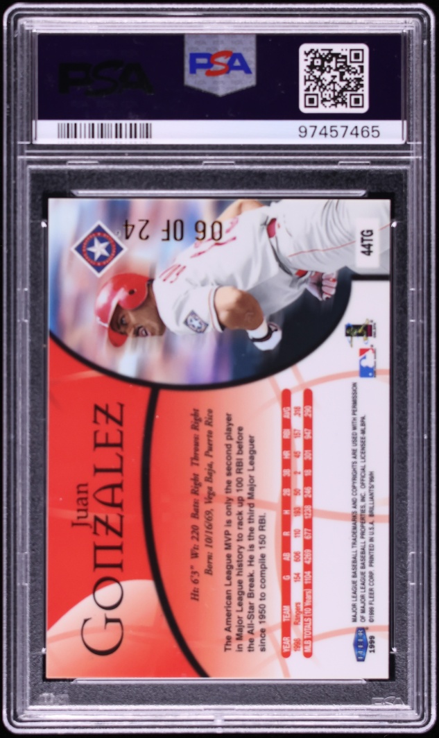 1999 Fleer Brilliants 24kt Gold Juan Gonzalez /24 #44TG PSA 9 MINT