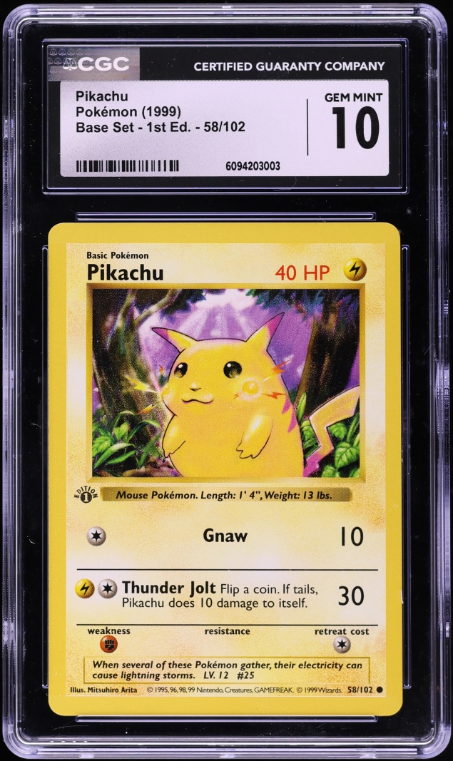 1999 Pokemon Base Set Shadowless 1st Edition Pikachu #58 CGC 10 GEM MINT