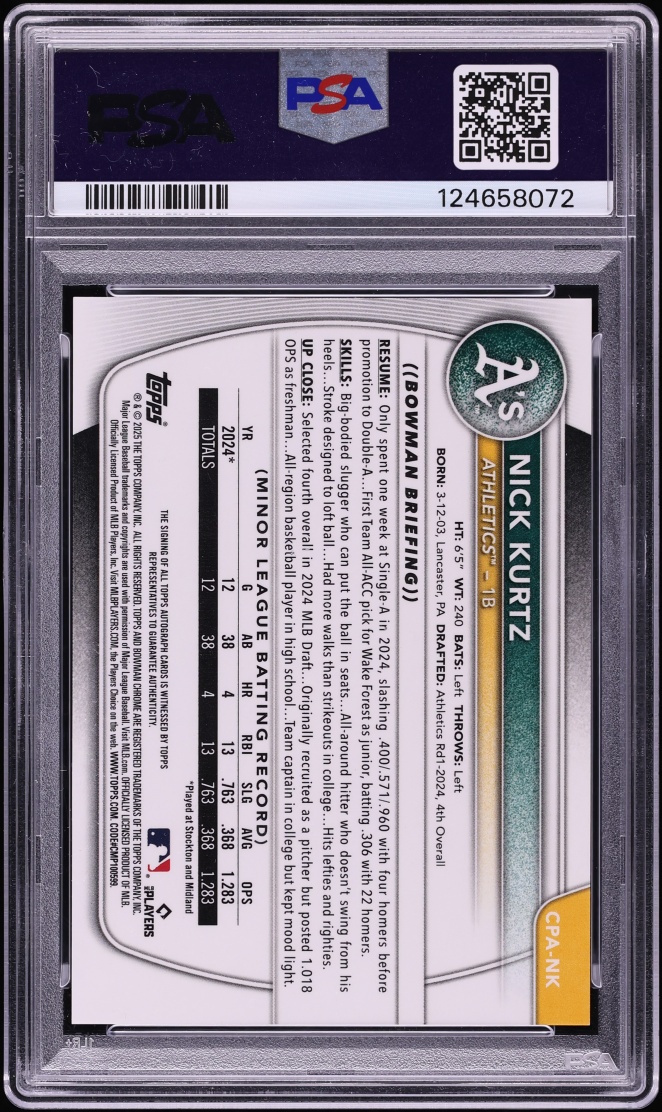 2025 Bowman Chrome Speckle Refractor Nick Kurtz PROSPECT AUTO /299 #CPA-NK PSA 10 GEM MINT