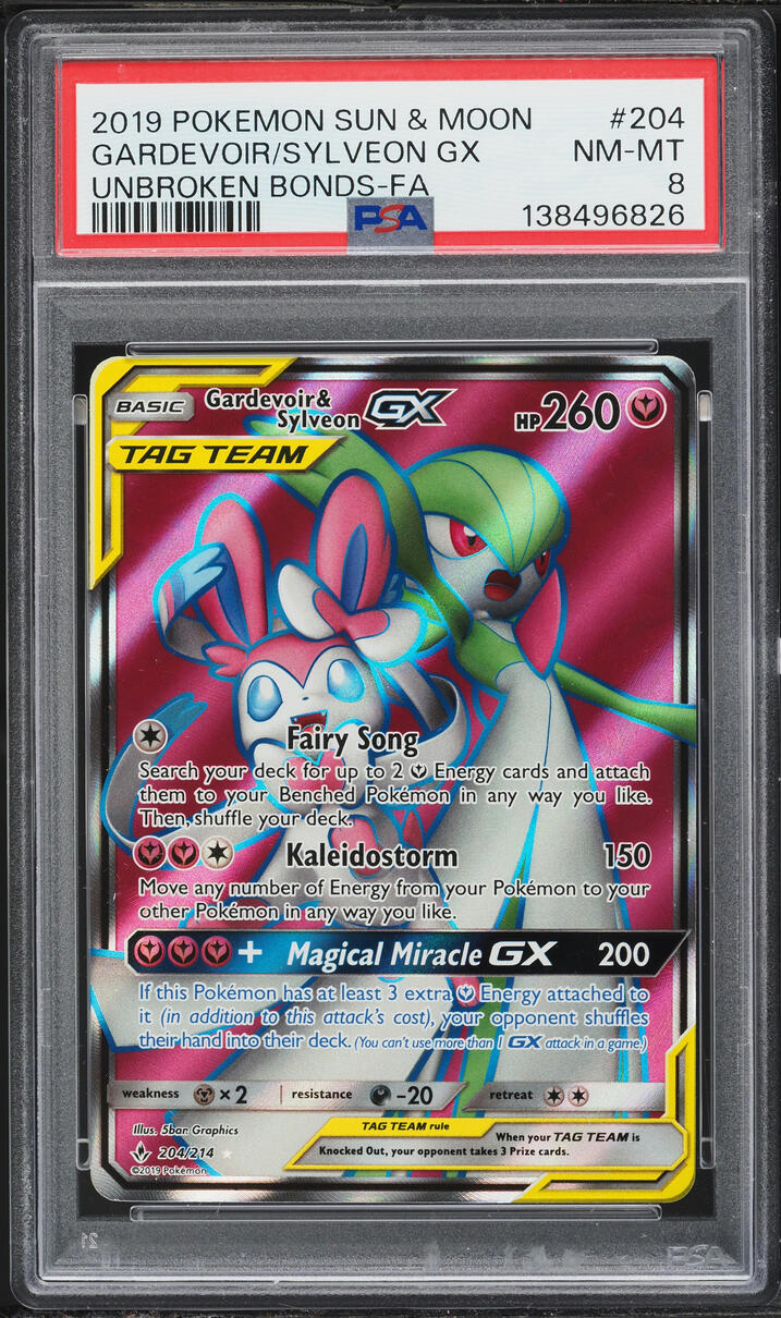 2019 Pokemon Sun & Moon Unbroken Bonds Full Art Gardevoir & Sylveon GX #204 PSA 8 NM-MT