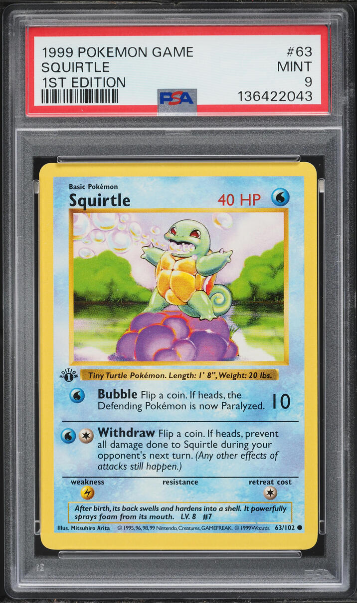 1999 Pokemon Base Set Shadowless 1st Edition Squirtle #63 PSA 9 MINT