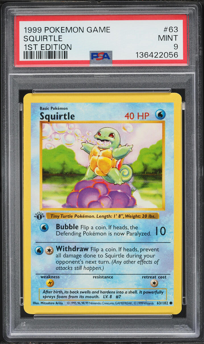 1999 Pokemon Base Set Shadowless 1st Edition Squirtle #63 PSA 9 MINT
