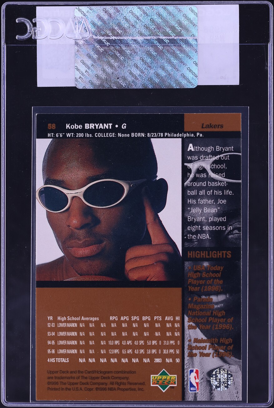 1996 Upper Deck Basketball Kobe Bryant ROOKIE #58 CGC AUTH