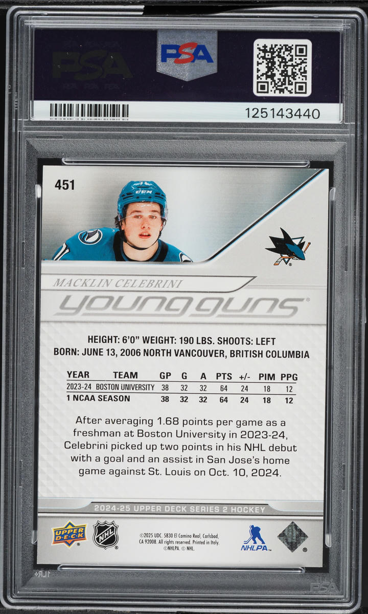 2024 Upper Deck Young Guns Macklin Celebrini ROOKIE #451 PSA 10 GEM MINT