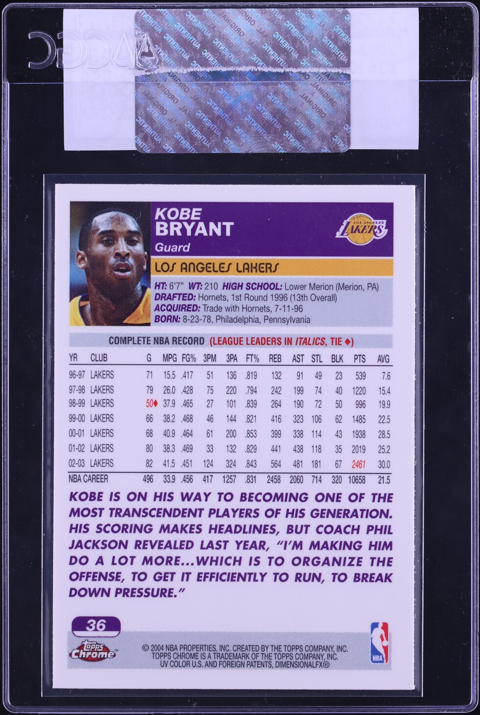 2003 Topps Chrome Basketball Kobe Bryant #36 CGC AUTH