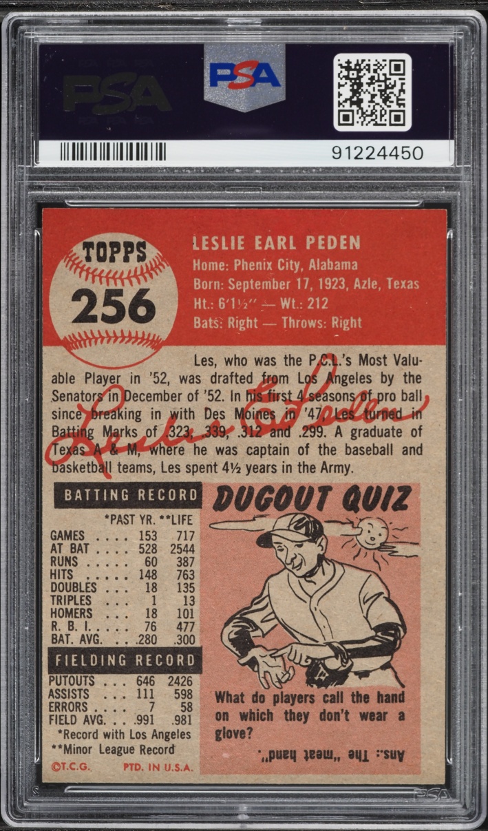 1953 Topps Les Peden SHORT PRINT #256 PSA 5 EX