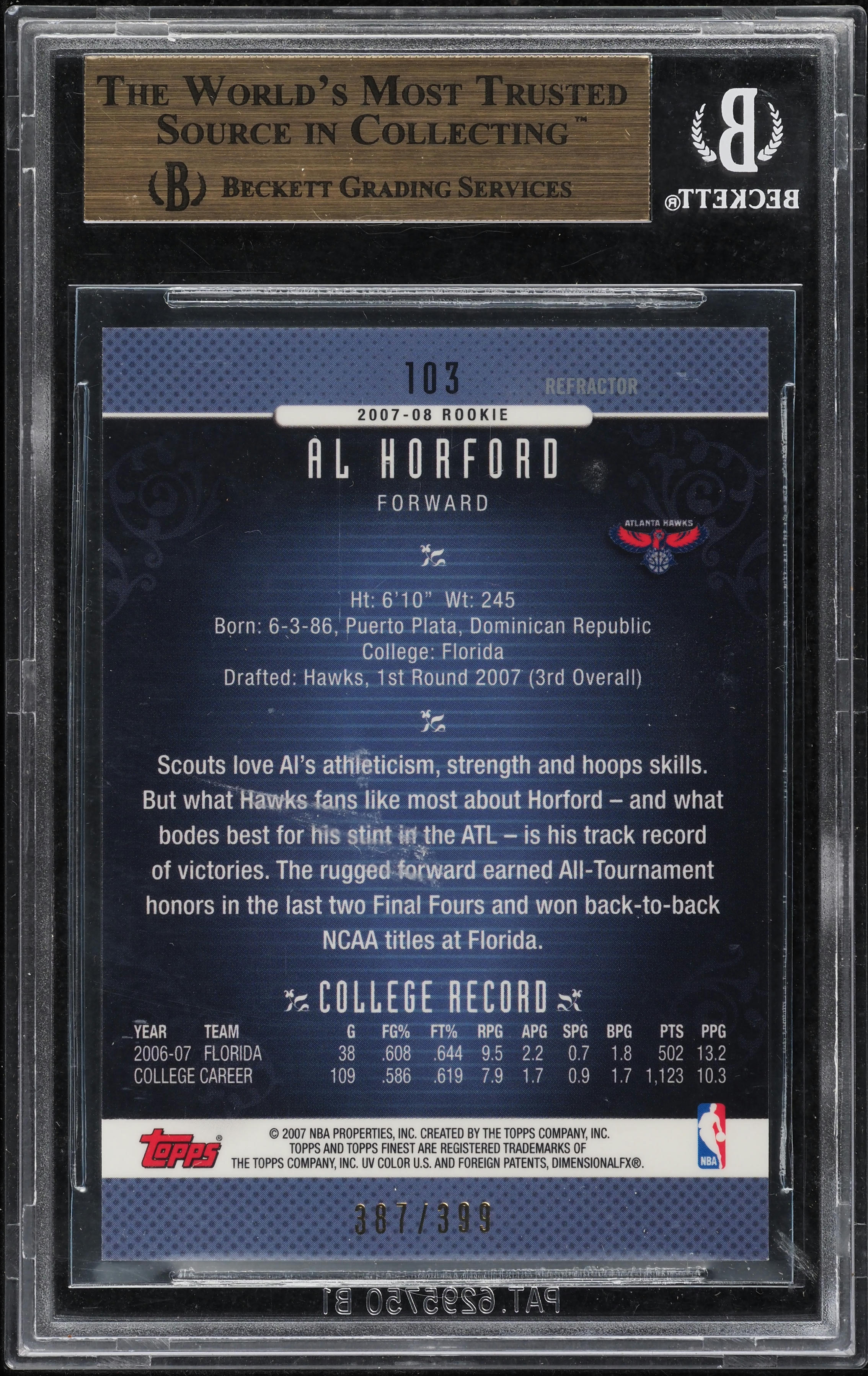 2006 Finest Refractor Al Horford ROOKIE /399 #103 BGS 9.5 GEM MINT