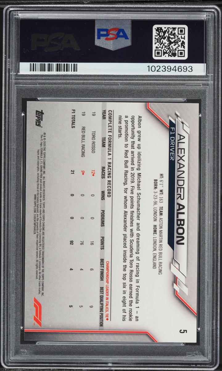 2020 Topps Chrome Formula 1 70th Anniversary Gold Alexander Albon RC #5 PSA 10