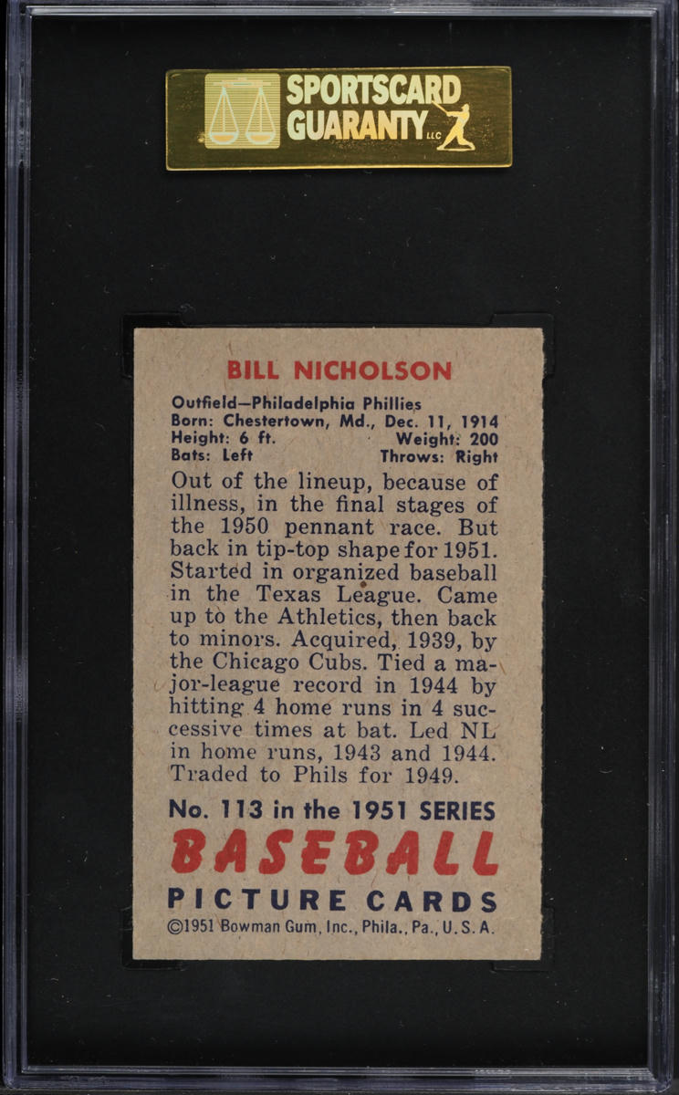1951 Bowman Bill Nicholson #113 SGC 7.5 NRMT+