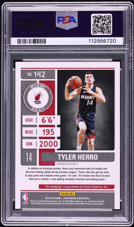 2019 Panini Contenders Ball On Shoulder Cracked Ice Tyler Herro ROOKIE AUTO /25 #142 PSA 9 MINT