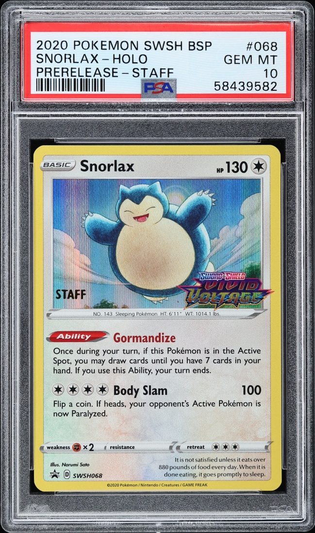 2020 Pokemon SWSH Promo Vivid Voltage Prerelease Staff Holo Snorlax #SWSH068 PSA 10 GEM