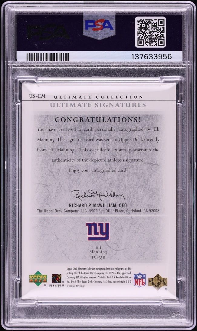 2004 Ultimate Collection Eli Manning ROOKIE AUTO DNA 10 /100 #US-EM PSA 7 NRMT