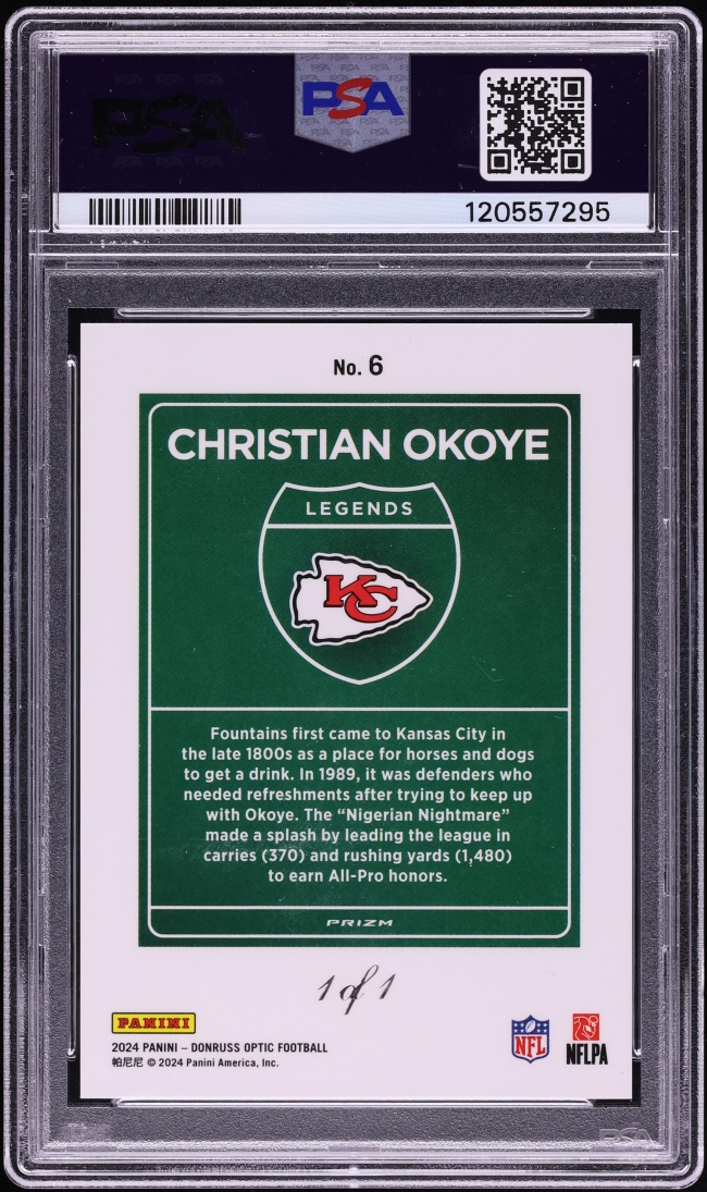 2024 Donruss Optic Downtown Legends Gold Vinyl Christian Okoye 1/1 #6 PSA 9 MINT