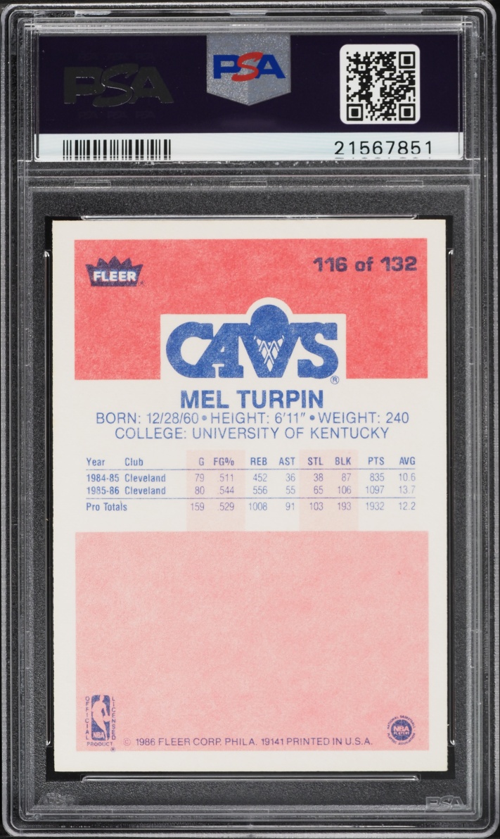 1986 Fleer Basketball Melvin Turpin ROOKIE #116 PSA 9 MINT