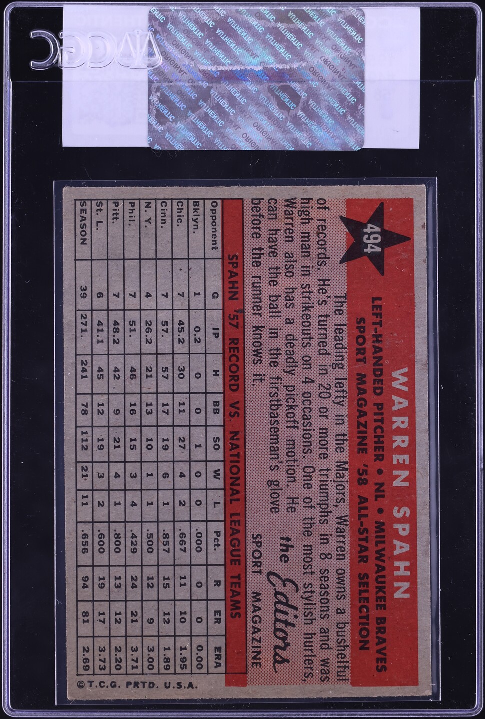 1958 Topps Warren Spahn ALL-STAR #494 CGC AUTH