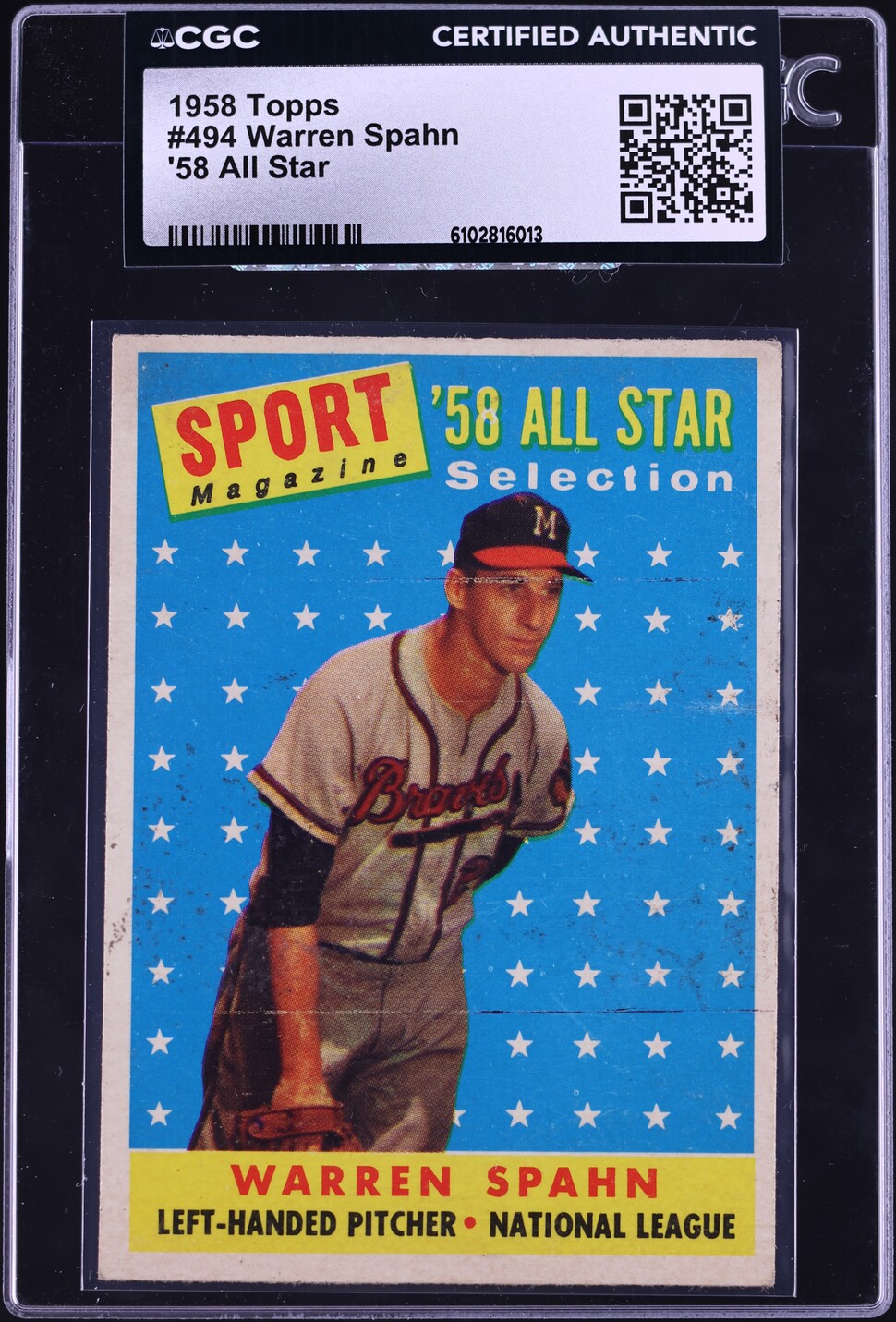 1958 Topps Warren Spahn ALL-STAR #494 CGC AUTH