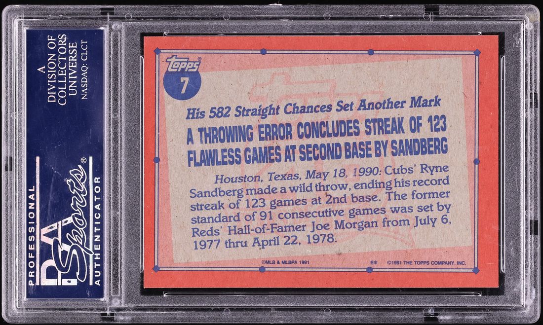 1991 Topps Ryne Sandberg RECORD BREAKER #7 PSA 9 MINT